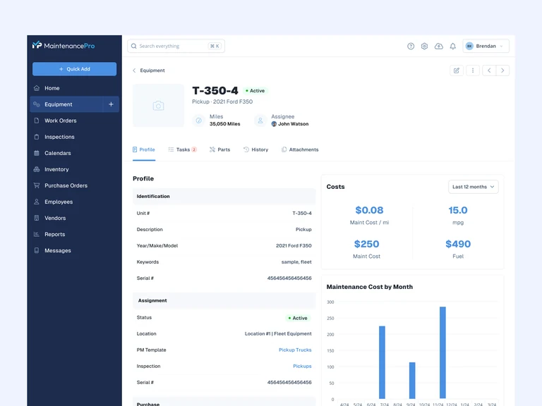 Maintenance platform equipment profile UI mockup